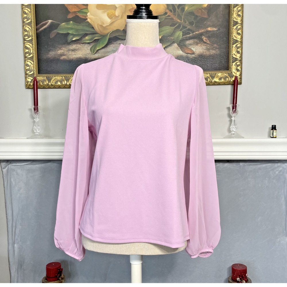 Ann Taylor Pink Mock Sheer Sleeve Blouse Large